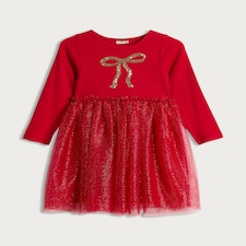 F&F Girls Cotton Rich Sequin Bow Tulle Skirt Dress in Red thumbnail 4