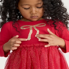 F&F Girls Cotton Rich Sequin Bow Tulle Skirt Dress in Red thumbnail 2