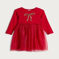 F&F Girls Cotton Rich Sequin Bow Tulle Skirt Dress in Red thumbnail 4