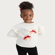F&F Girls Pure Cotton Rudolph’s Best Friend Long Sleeved Top in Cream thumbnail 2