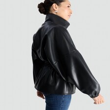 The F&F Edit Faux Leather High Neck Cinched Waist Jacket in Black thumbnail 2