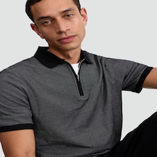 F&F Cotton Rich Stripe Print Zip Neck Short Sleeved Polo Shirt in Black