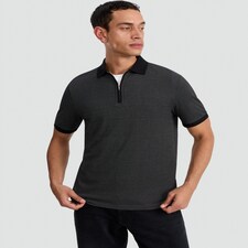 F&F Cotton Rich Stripe Print Zip Neck Short Sleeved Polo Shirt in Black thumbnail 2