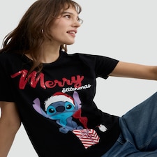 Disney Stitch Merry Stitchmas Slogan Pure Cotton T-Shirt in Black thumbnail 2