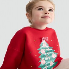 F&F Girls Cotton Rich Christmas Tree Sweatshirt in Red thumbnail 2