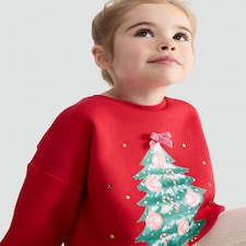 F&F Girls Cotton Rich Christmas Tree Sweatshirt in Red thumbnail 2