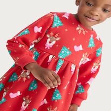 F&F Girls Cotton Rich Christmas Print Sweat Dress in Red thumbnail 2