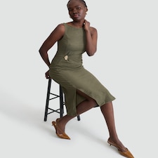 F&F Crinkle Textured Gold Buckle Sleeveless Dress in Khaki