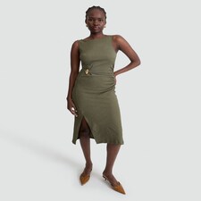 F&F Crinkle Textured Gold Buckle Sleeveless Dress in Khaki thumbnail 2