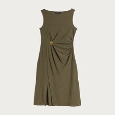 F&F Crinkle Textured Gold Buckle Sleeveless Dress in Khaki thumbnail 4