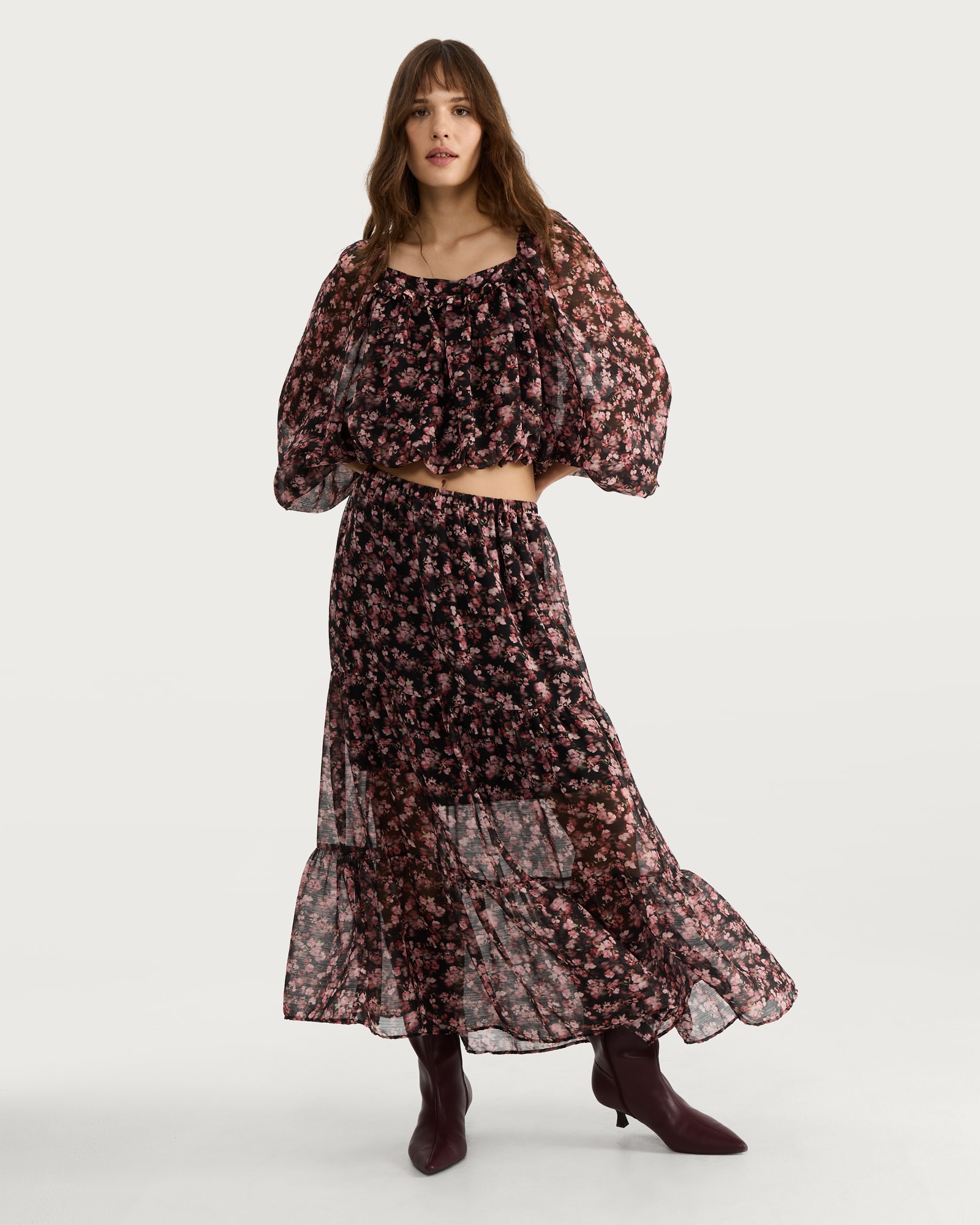 F&F Floral Tiered Co-ord Midi Skirt in Multi Black