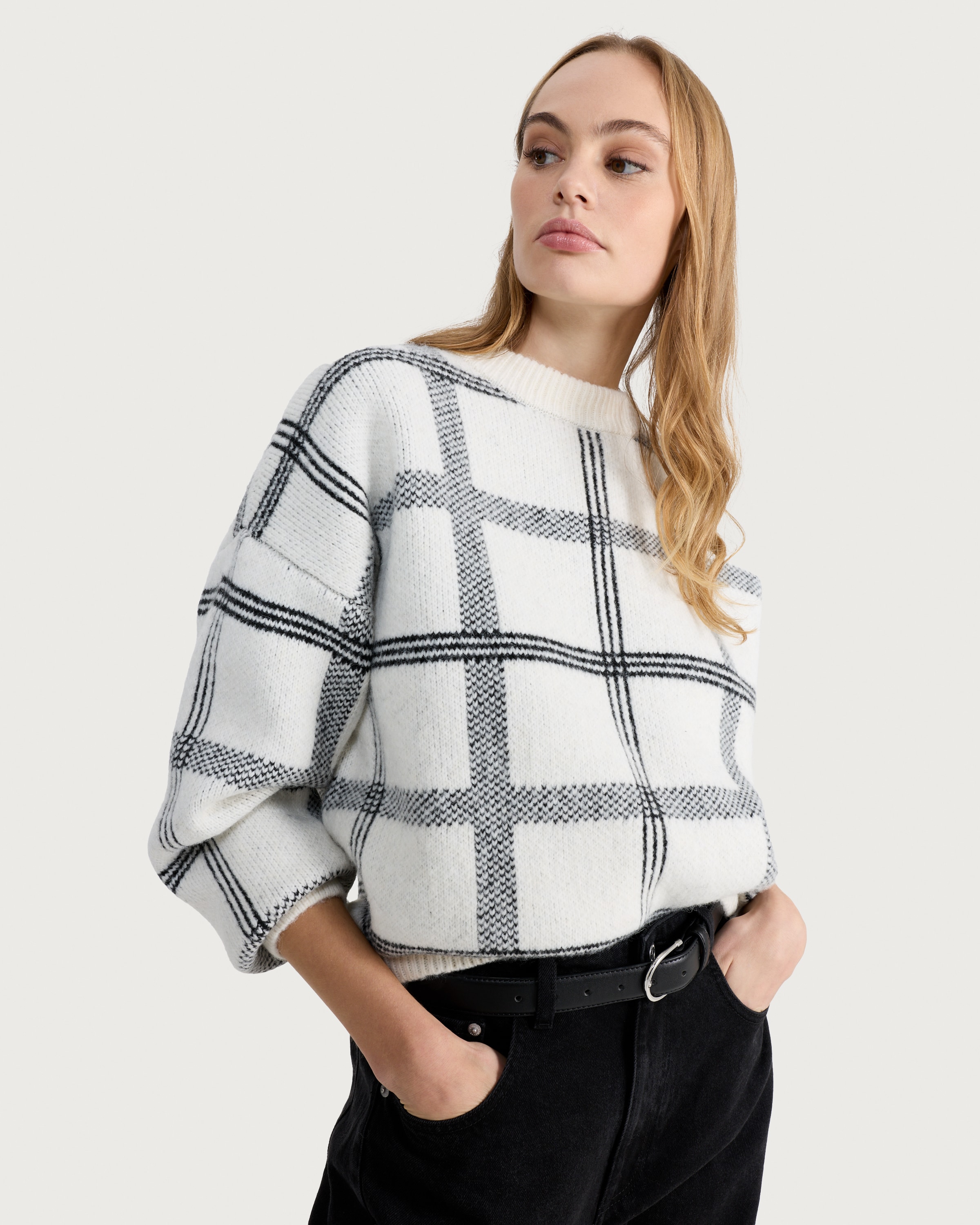 F&F Check Print Oversized Jumper  in Multi White thumbnail 2