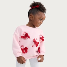 F&F Girls Cotton Rich Candy Cane Bow Sweatshirt in Pink thumbnail 2