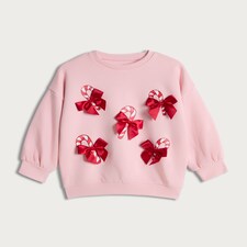 F&F Girls Cotton Rich Candy Cane Bow Sweatshirt in Pink thumbnail 4