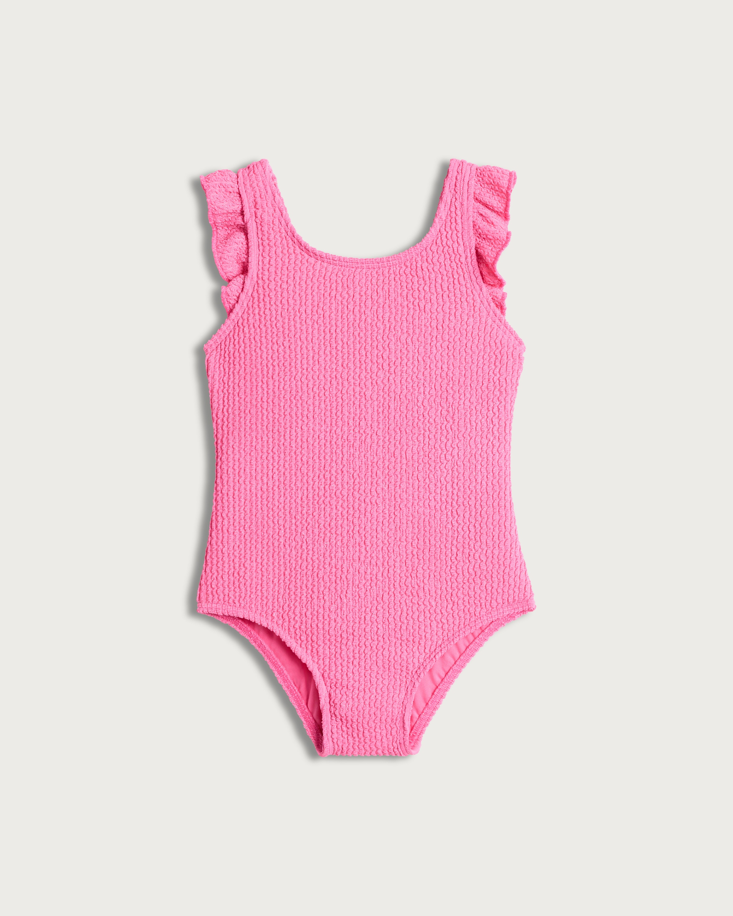 F&F Girls Metallic Crinkle Textured Swimsuit in Hot Pink