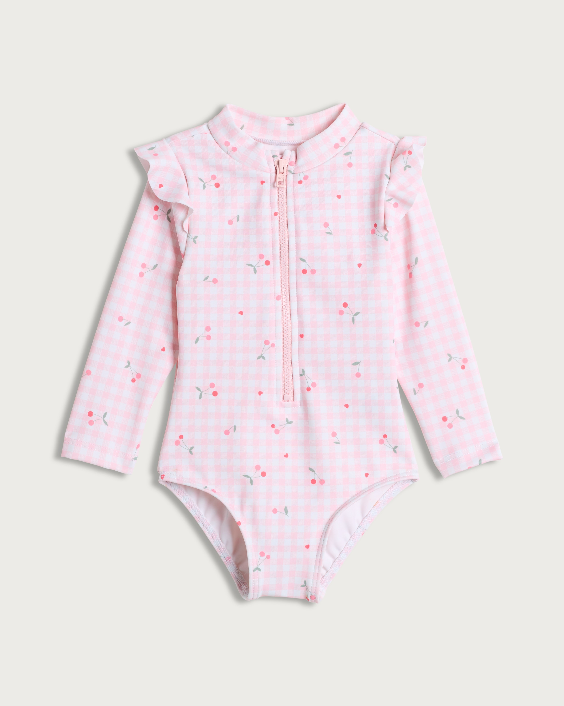 F&F Baby Gingham Cherry Print Long Sleeved Swimsuit in Pink