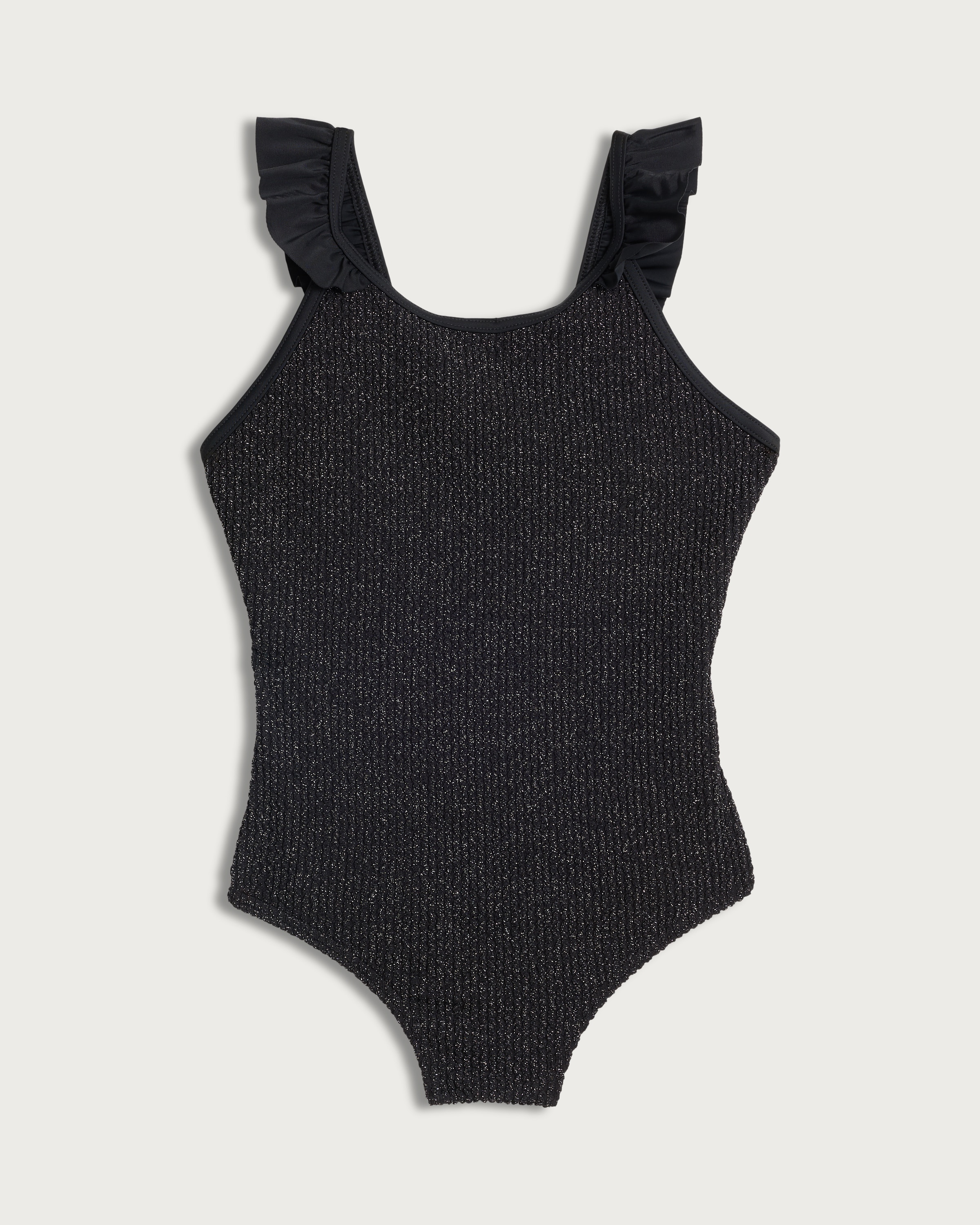 F&F Girls Metallic Crinkle Textured Swimsuit in Black