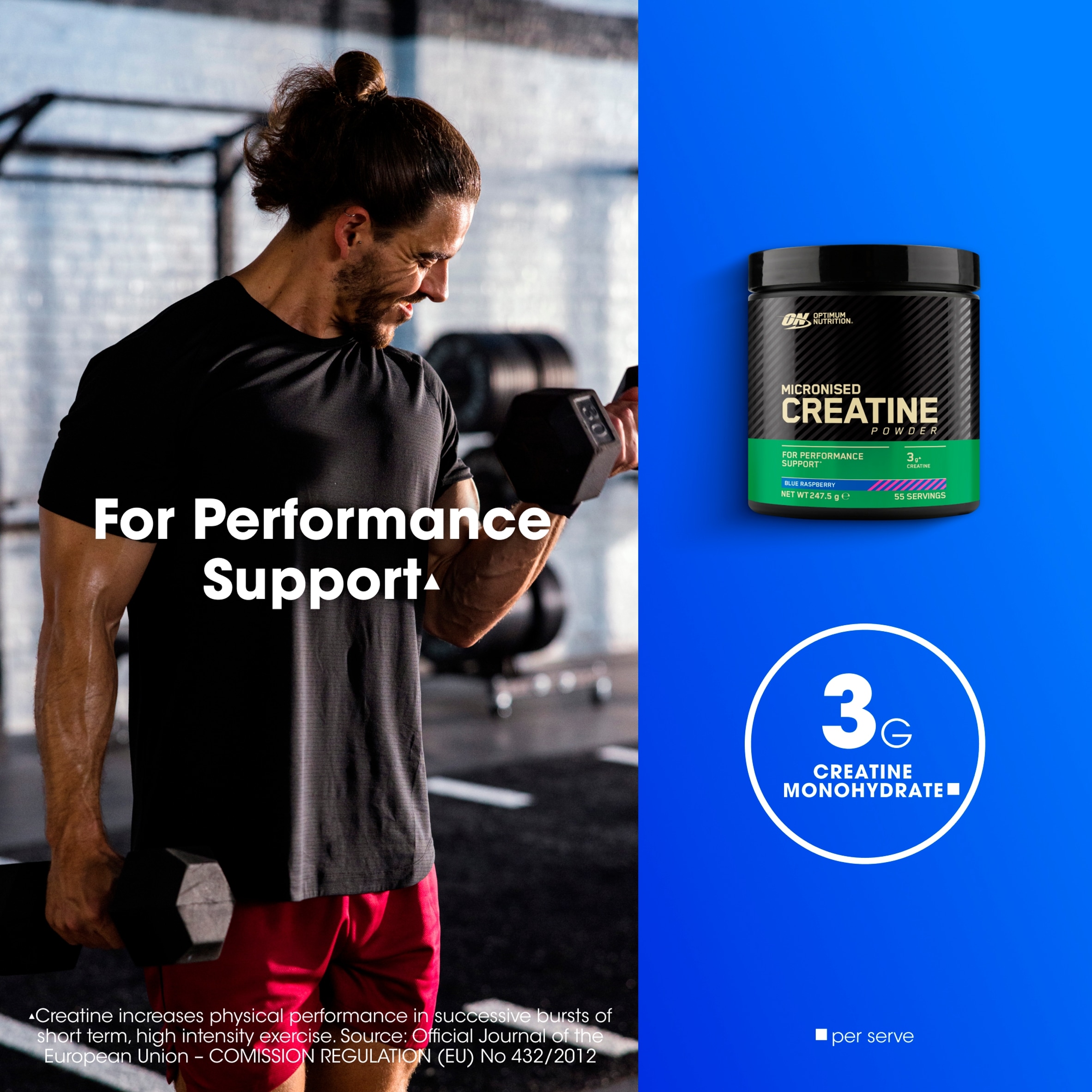 Optimum Nutrition Flavoured Creatine Powder Blue Raspberry 247.5g thumbnail 3