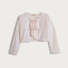 F&F Sequin Faux Velvet Bow Jacket in Cream thumbnail 4