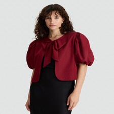 F&F Puff Sleeved Bow Accent Blouse in Red thumbnail 2