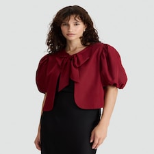 F&F Puff Sleeved Bow Accent Blouse in Red thumbnail 2