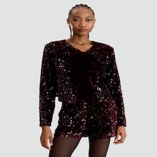F&F Sequin Embellished Bow Detail Jacket in Burgundy