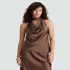 The F&F Edit Satin High Cowl Neck Sleeveless Blouse in Brown thumbnail 3