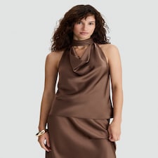 The F&F Edit Satin High Cowl Neck Sleeveless Blouse in Brown thumbnail 3