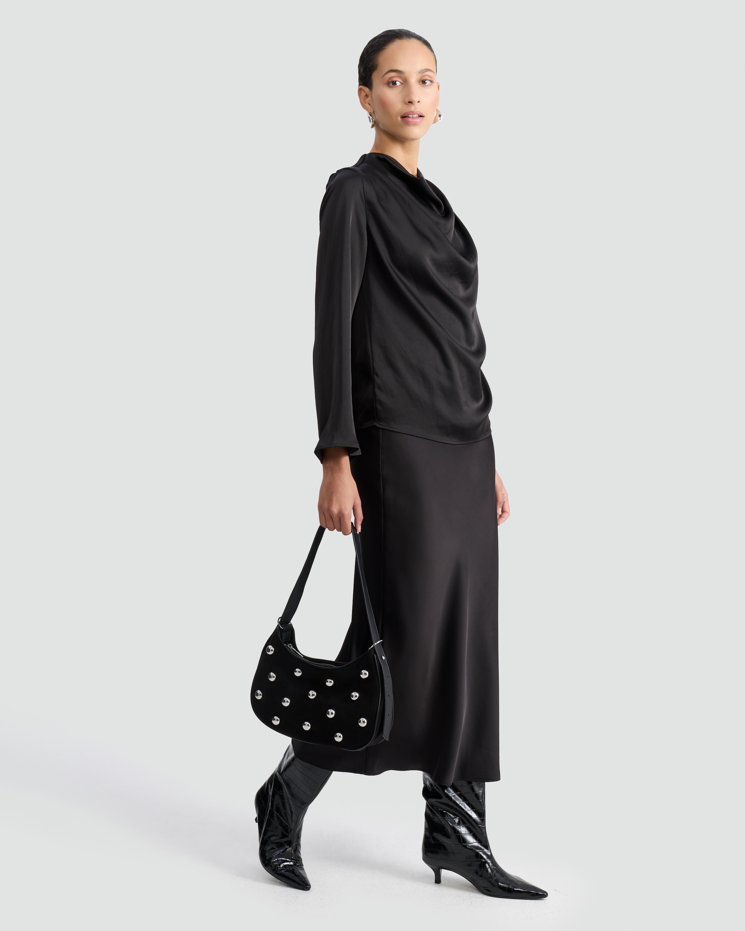 F&F Satin Cowl Neck Long Sleeved Blouse in Black thumbnail 2