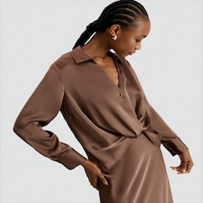 F&F Satin Twist Front Long Sleeved Blouse in Mink
