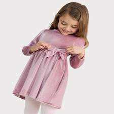 F&F Girls Velvet Bow Detail Long Sleeved Dress in Pink