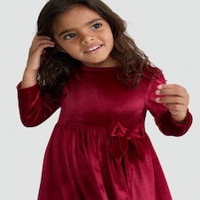 F&F Girls Velour Long Sleeved Bow Dress in Red