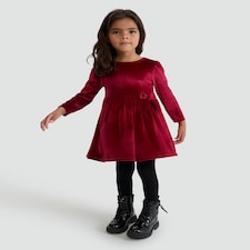 F&F Girls Velour Long Sleeved Bow Dress in Red thumbnail 2