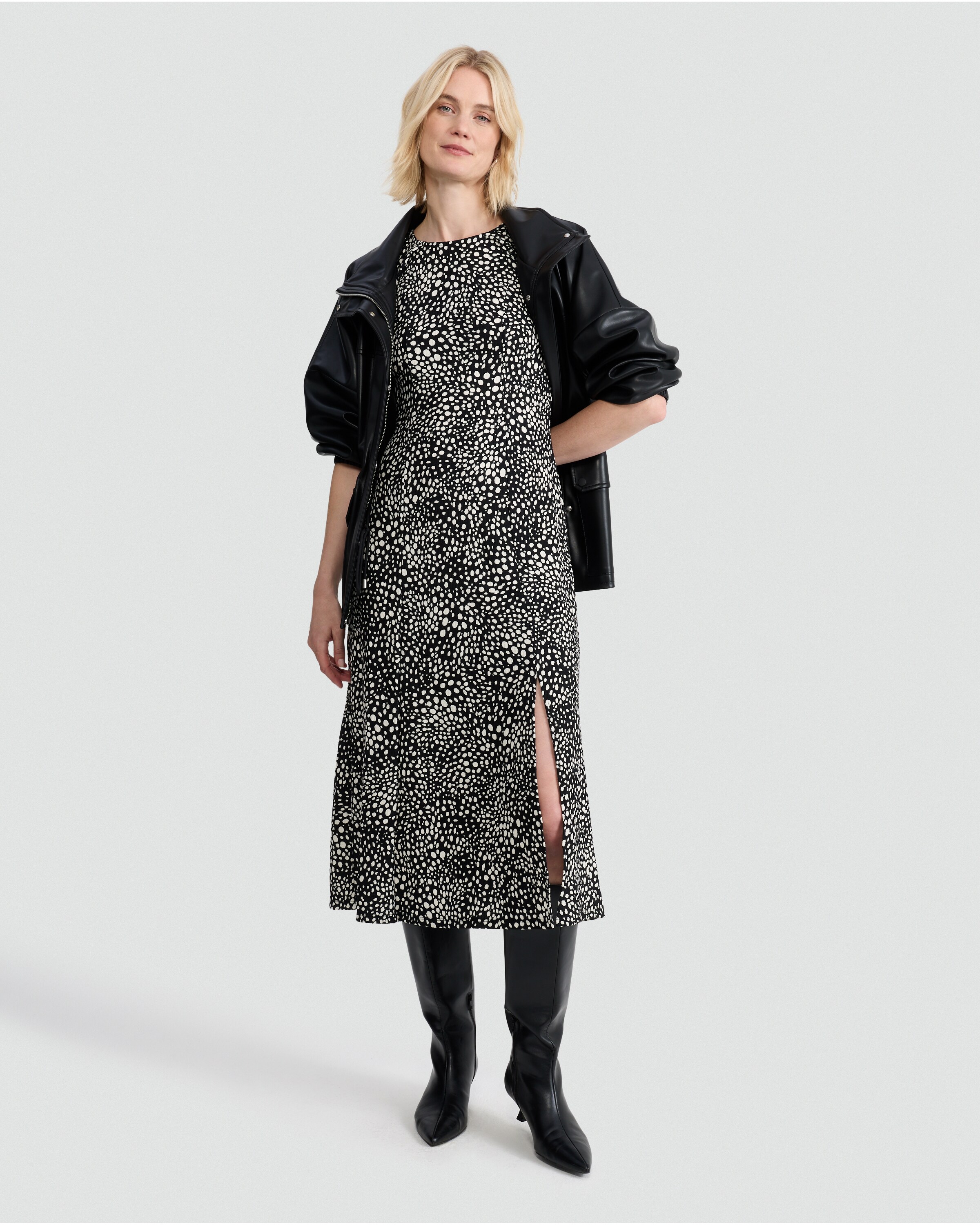 F&F Polka Dot Puff Sleeve Midi Dress in Multi Black White thumbnail 2