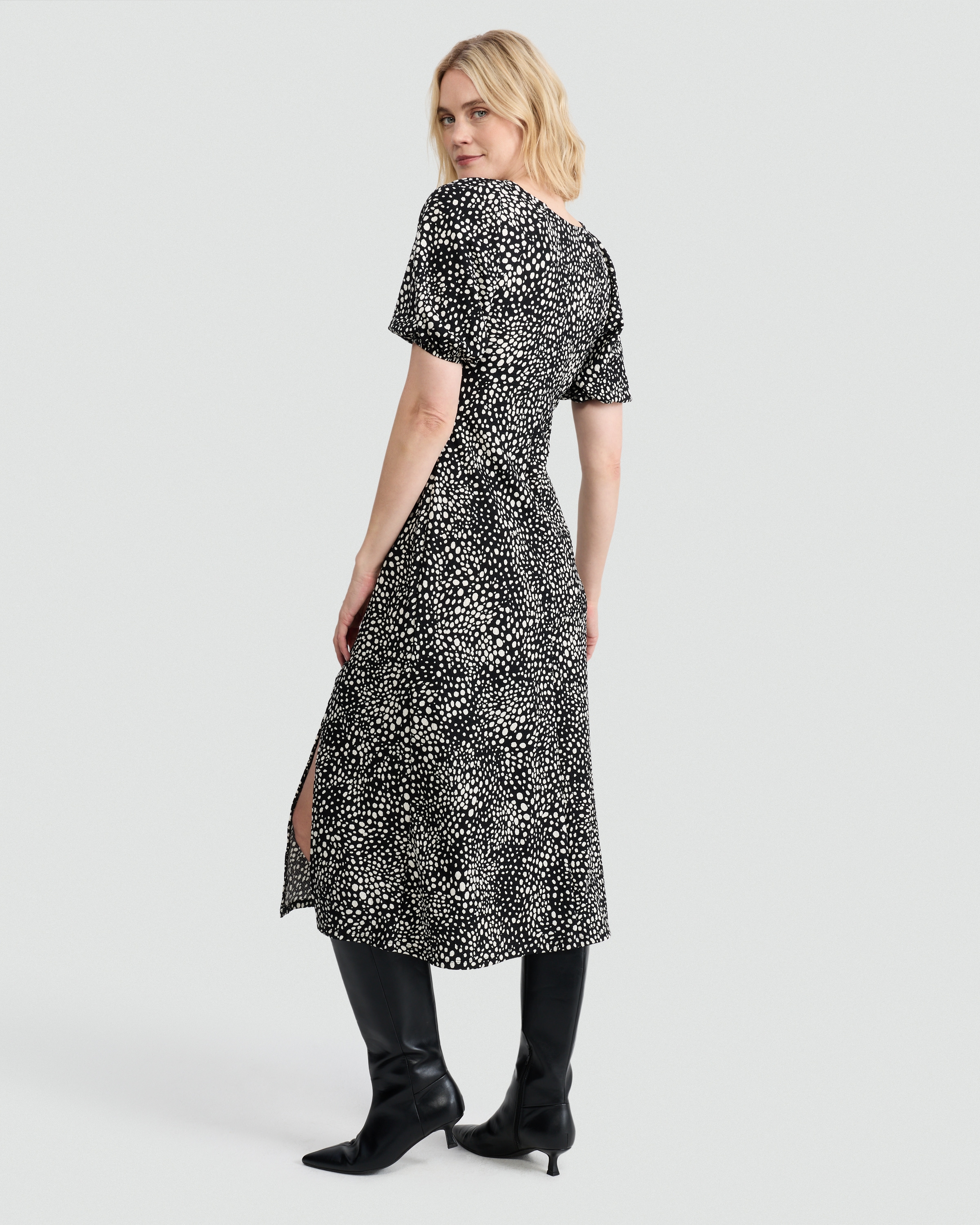 F&F Polka Dot Puff Sleeve Midi Dress in Multi Black White thumbnail 3