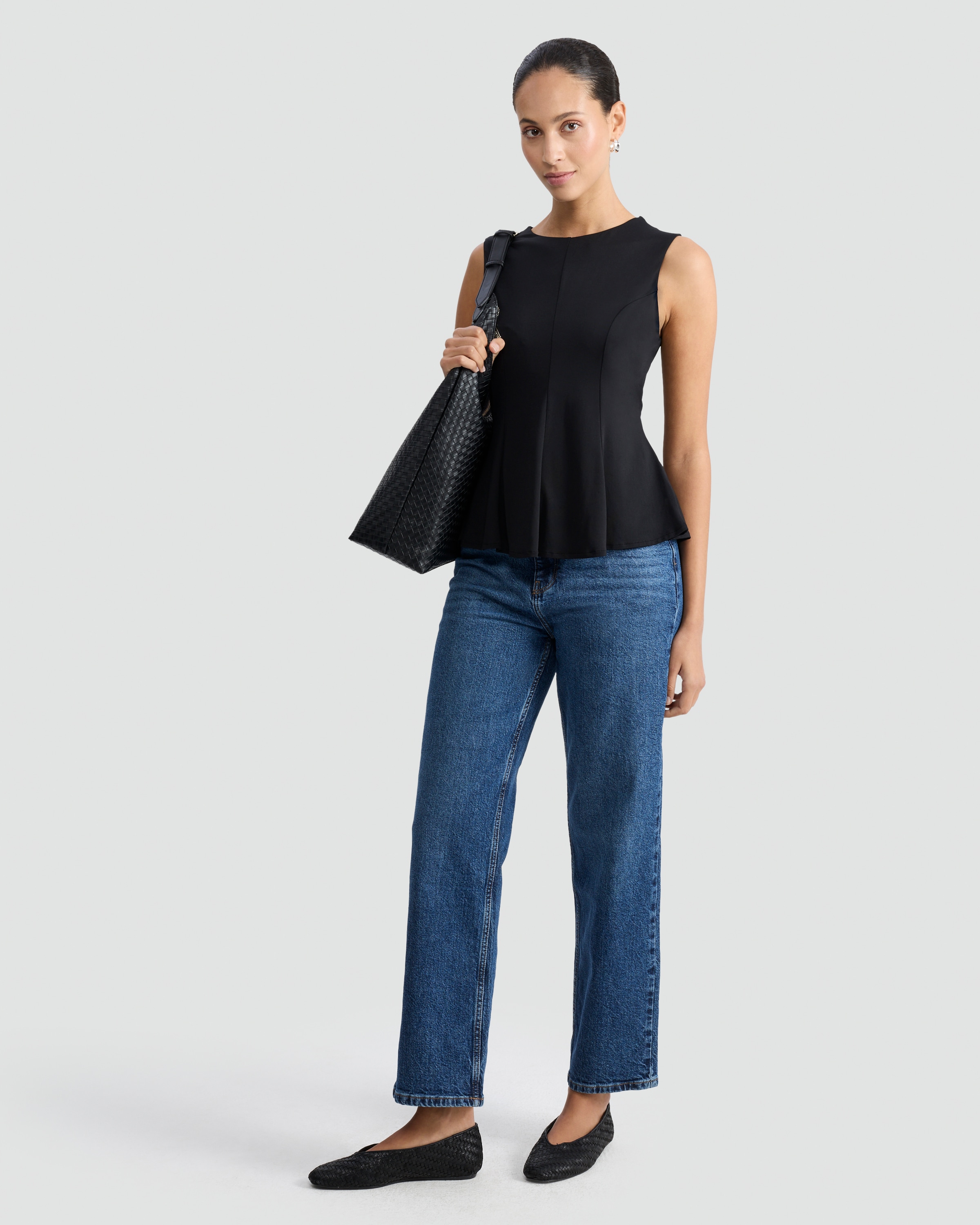 F&F Polyamide Pleated Crew Neck Sleeveless Top in Black
