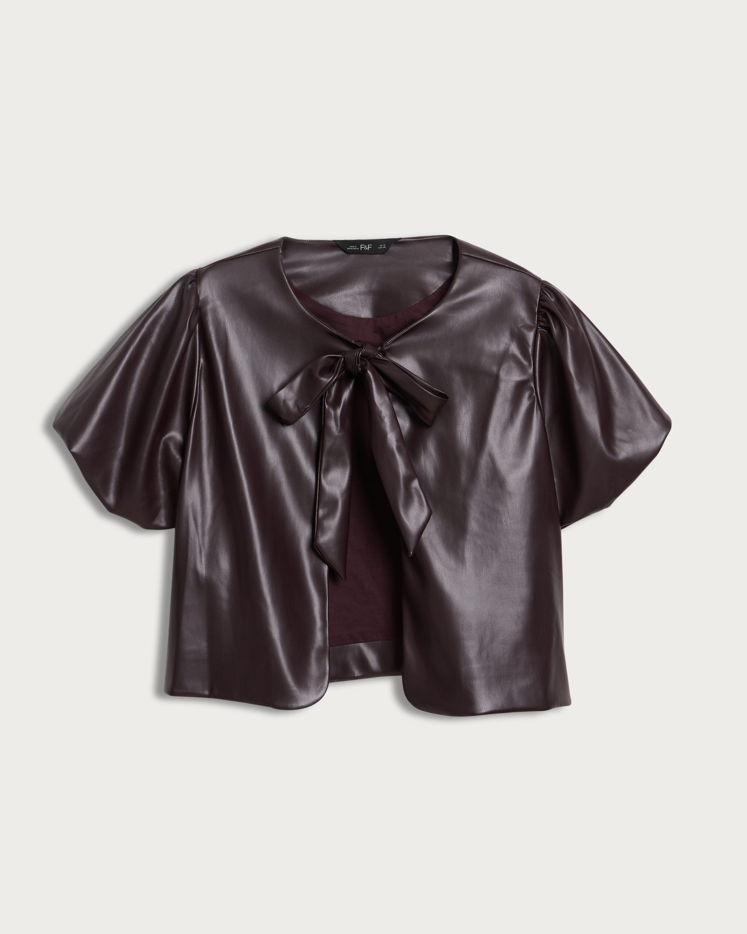F&F Faux Leather Tie Front Top in Burgundy thumbnail 4