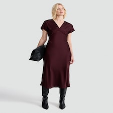 F&F Satin V Neck Midi Dress in Burgundy