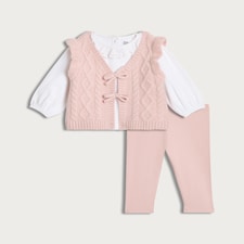 F&F Baby 3-Piece Cable Knit Waistcoat, Top and Leggings Set in Pink