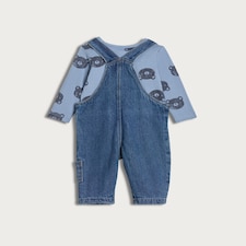 F&F Baby 2-Piece Pure Cotton Bodysuit and Fleece Lined Dungarees Set in Blue thumbnail 2