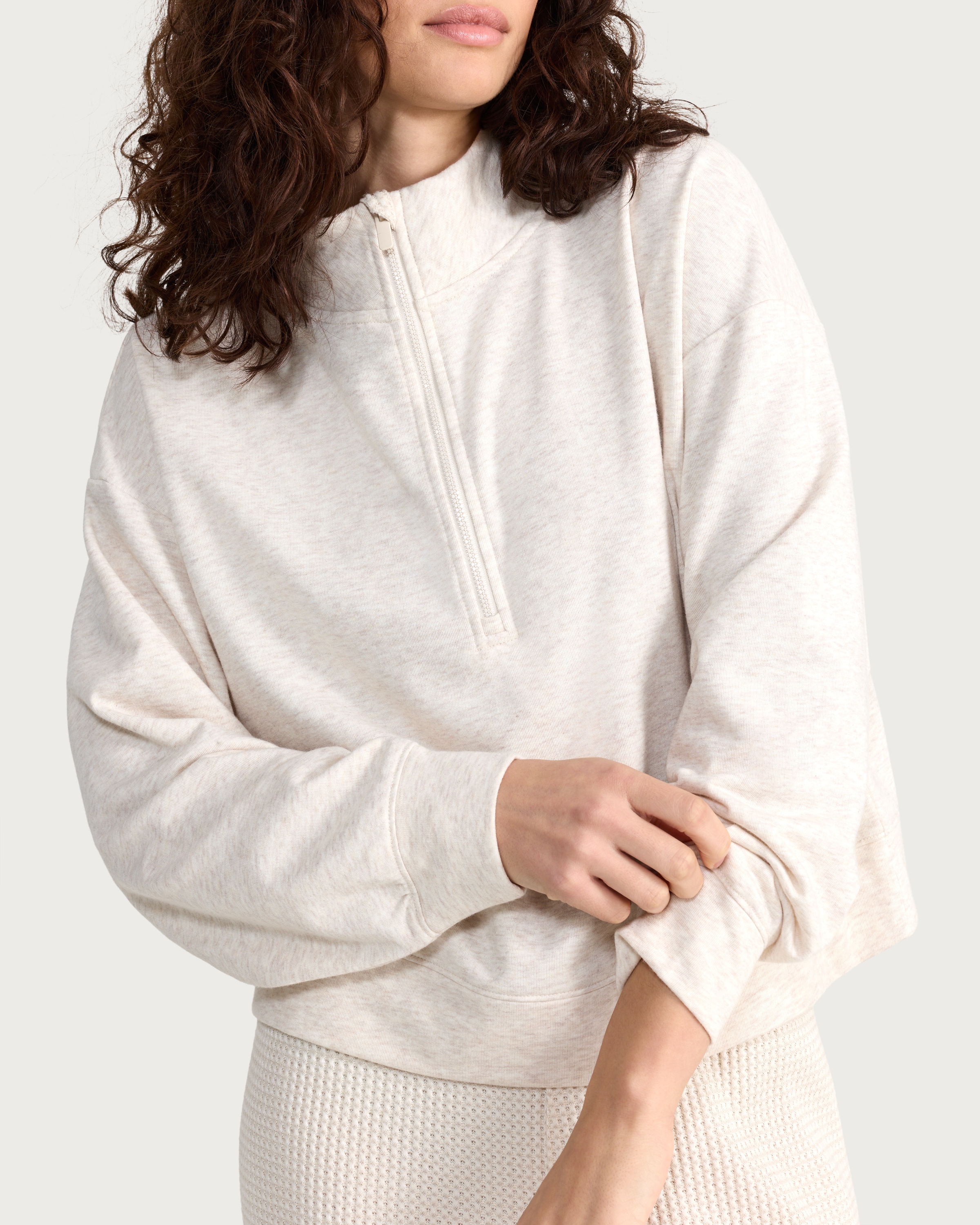 F&F 2-Piece Ribbed Half Zip Top and Bottoms Pyjama Set in Neutral thumbnail 2