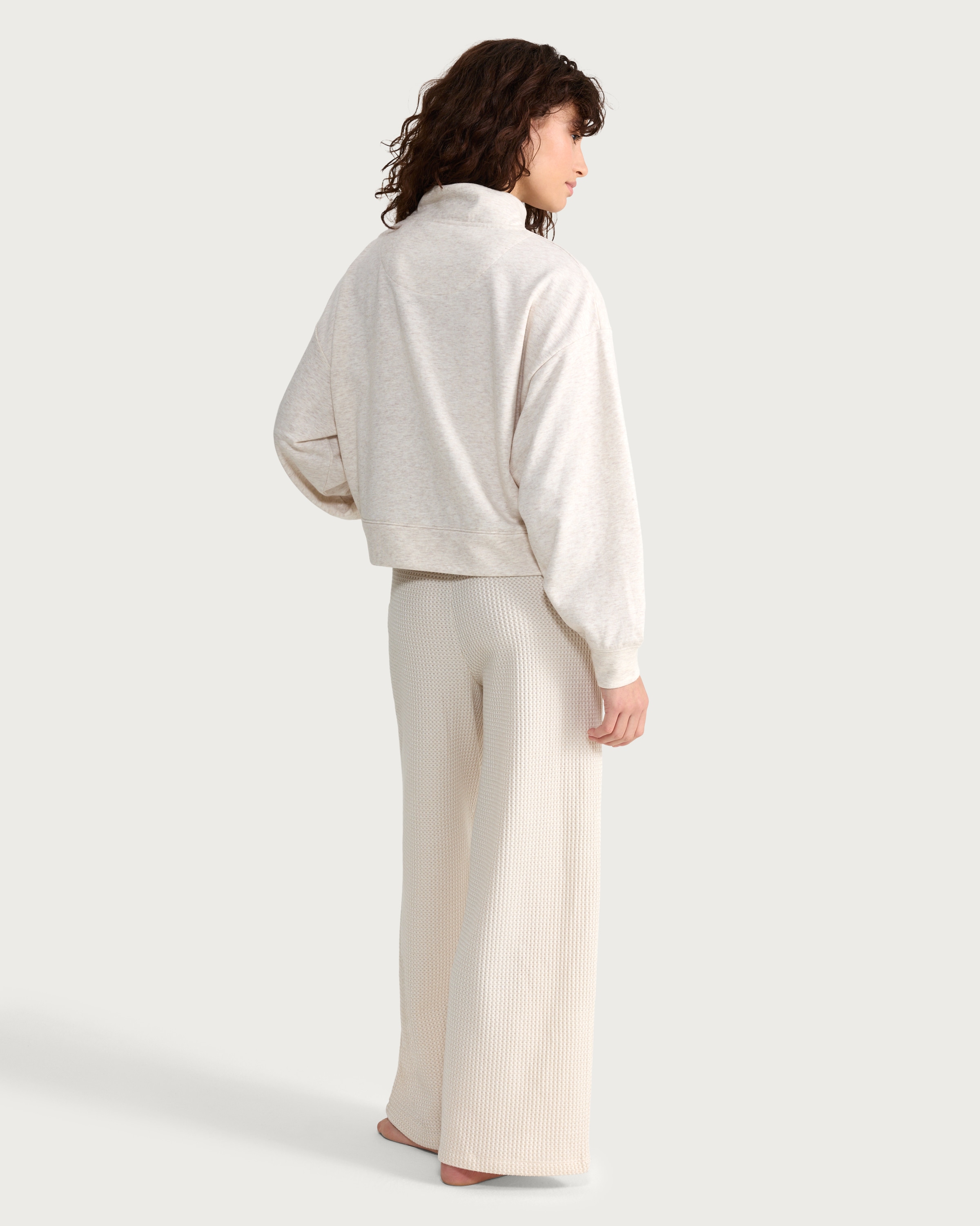 F&F 2-Piece Ribbed Half Zip Top and Bottoms Pyjama Set in Neutral thumbnail 3