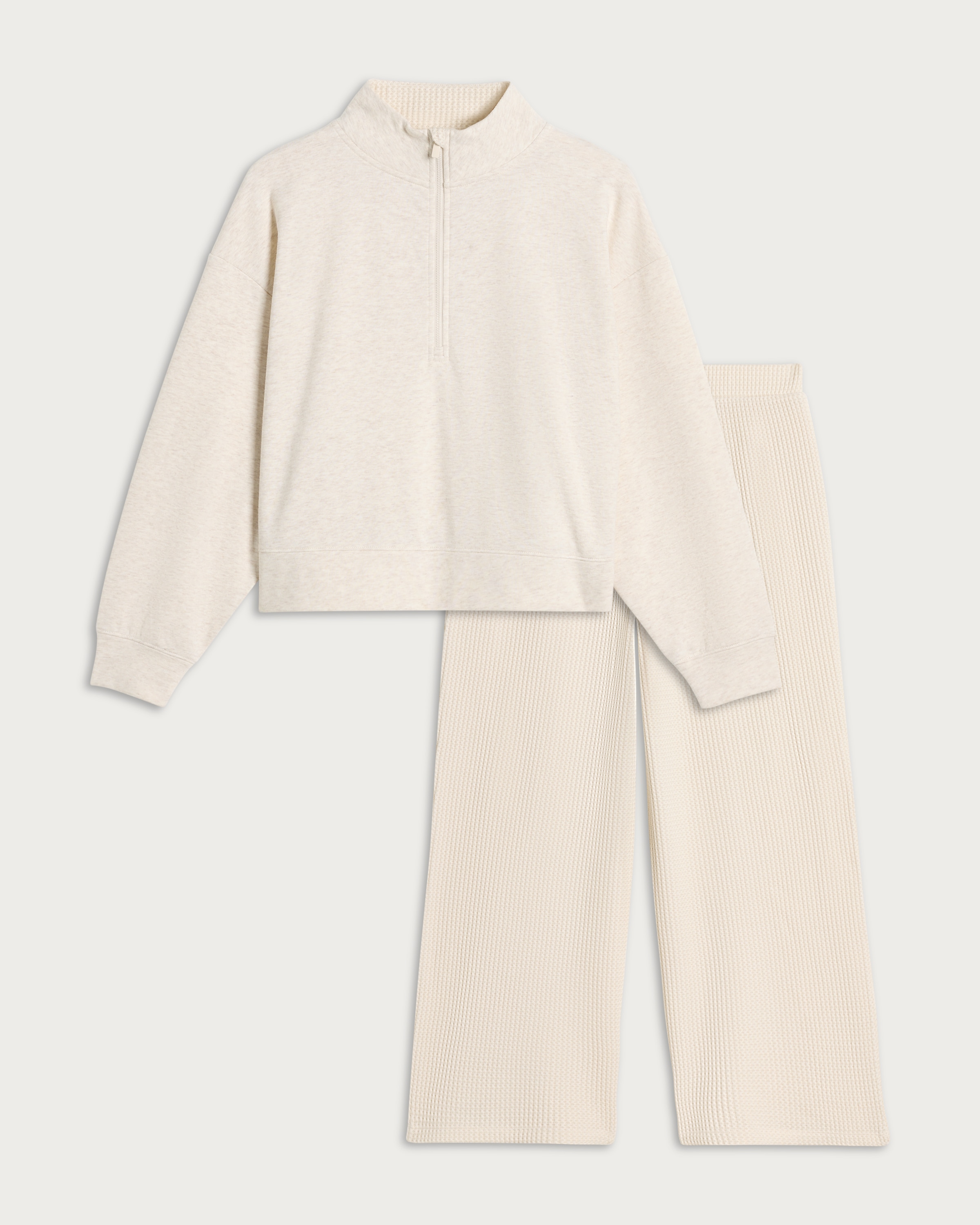 F&F 2-Piece Ribbed Half Zip Top and Bottoms Pyjama Set in Neutral thumbnail 4