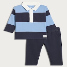 F&F Baby 2-Piece Pure Cotton Rugby Shirt and Joggers Set in Blue