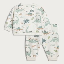 F&F Baby 2 Piece Cotton Rich Dinosaur Print Jumper and Joggers Set in White thumbnail 2
