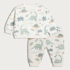 F&F Baby 2 Piece Cotton Rich Dinosaur Print Jumper and Joggers Set in White