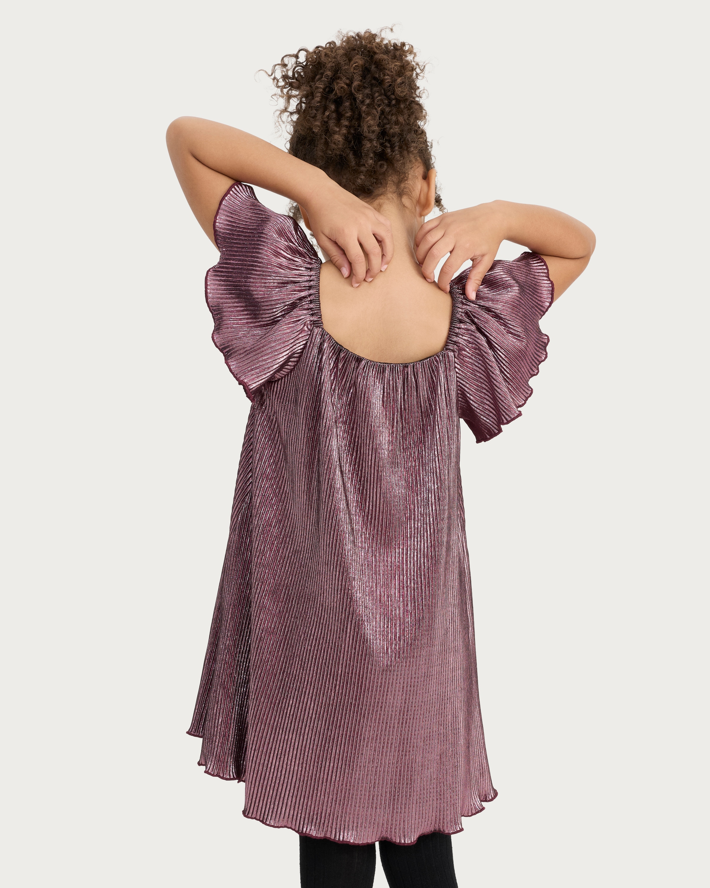 F&F Girls Pleated Metallic Flutter Sleeved Dress in Pink