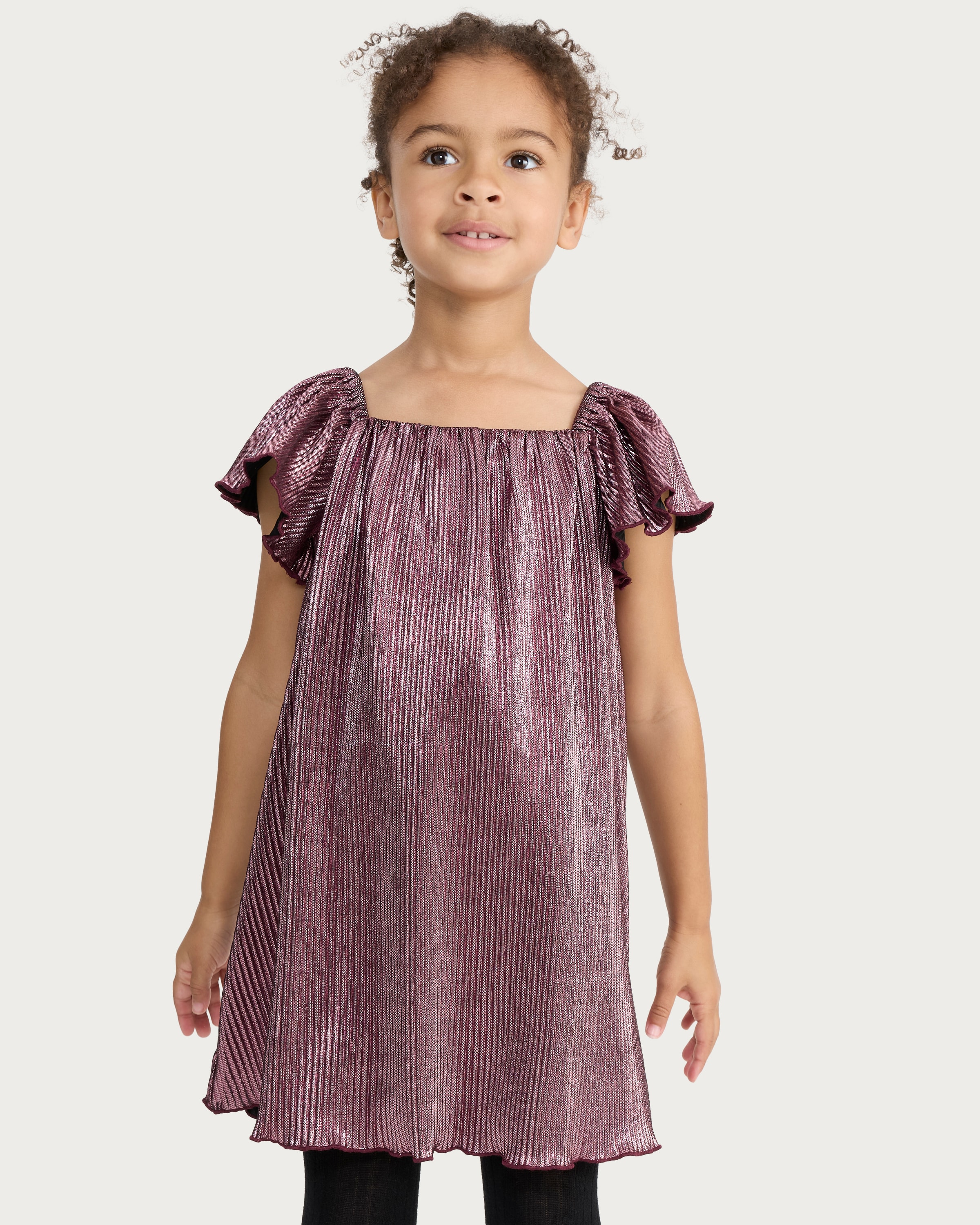 F&F Girls Pleated Metallic Flutter Sleeved Dress in Pink thumbnail 3