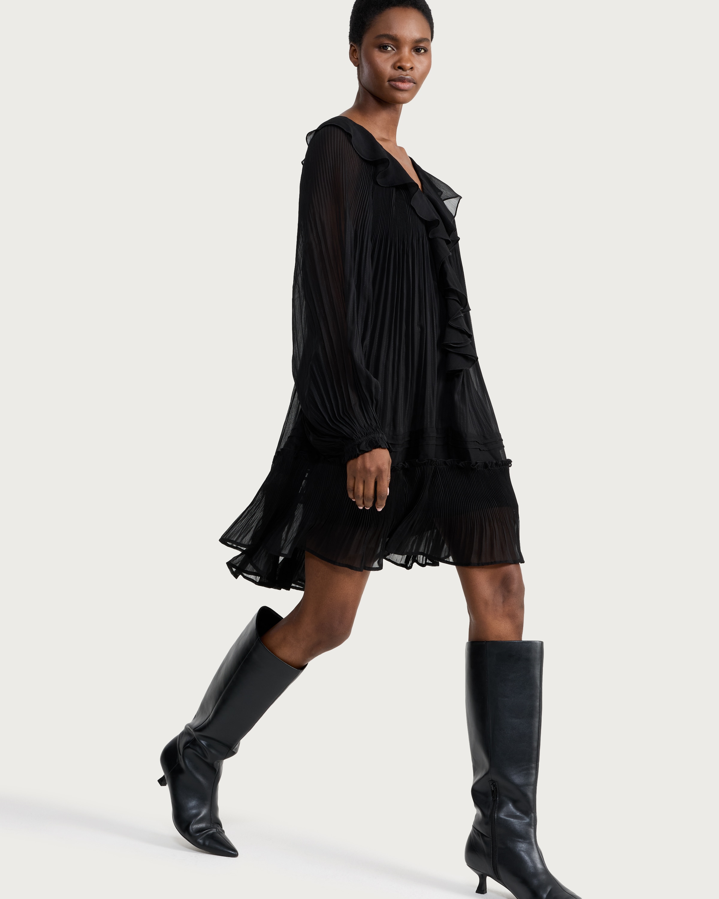 F&F Chiffon Pleated Long Sleeved Mini Dress in Black