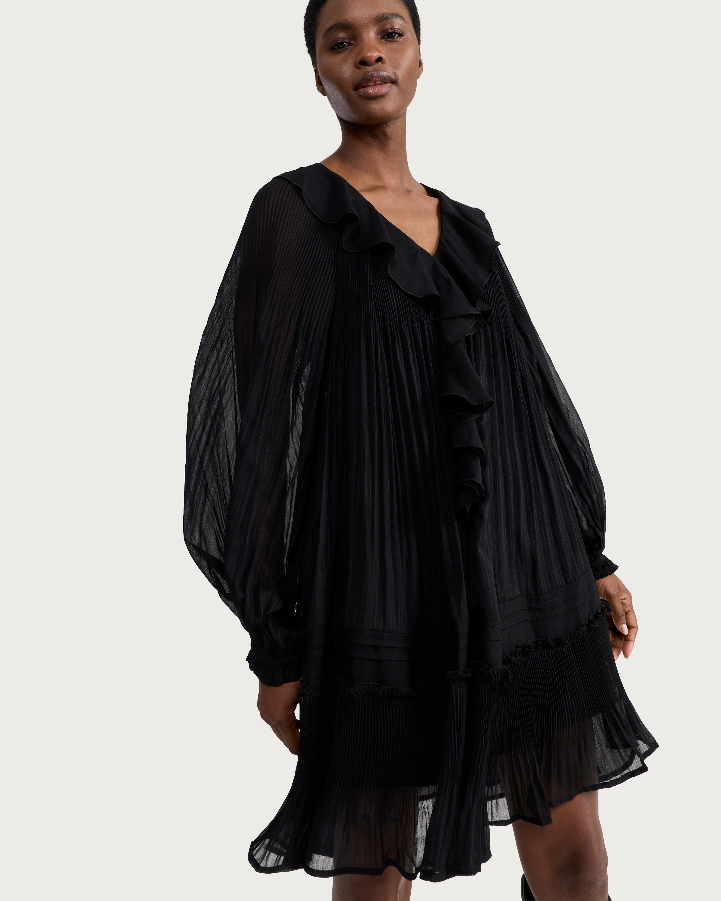 F&F Chiffon Pleated Long Sleeved Mini Dress in Black thumbnail 2